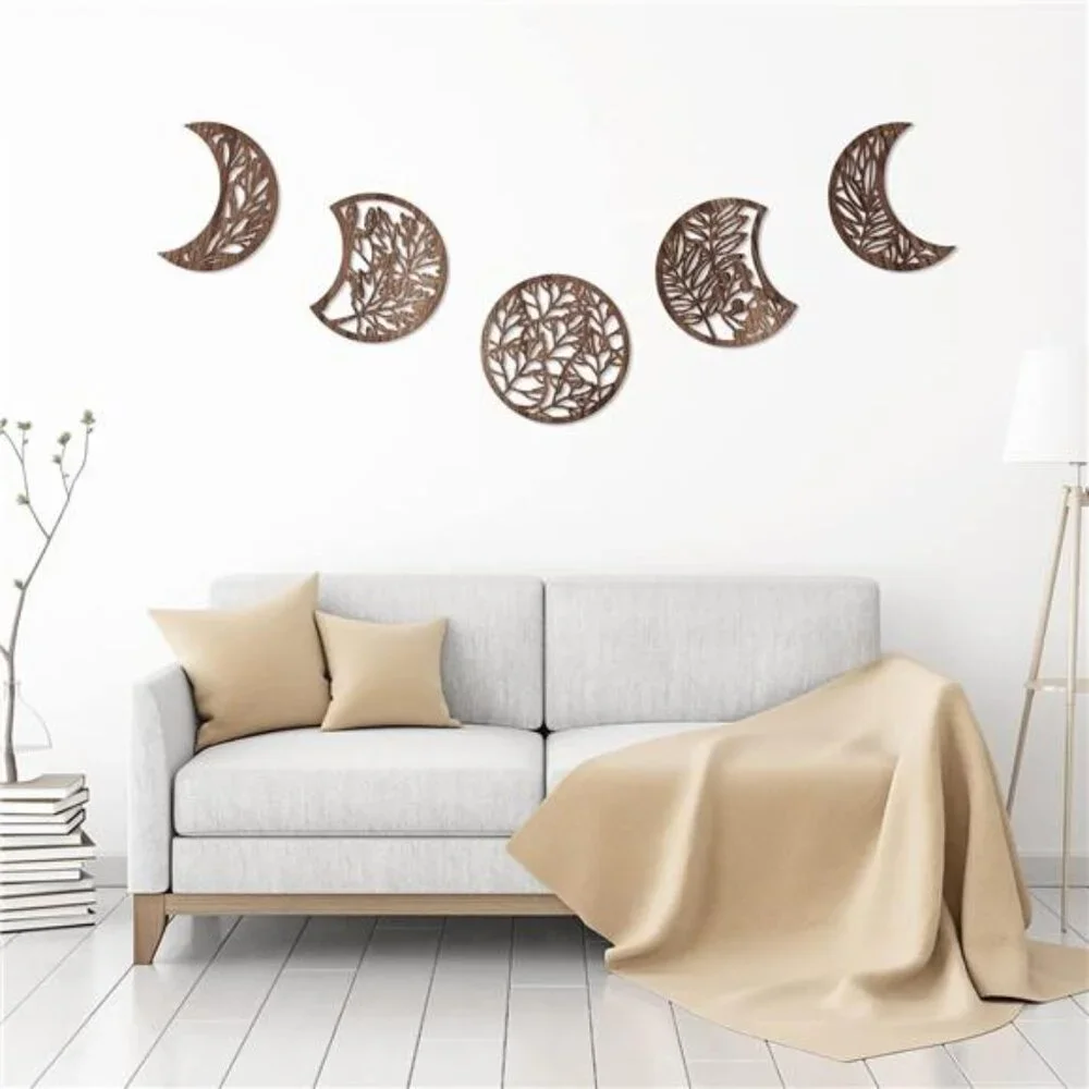 Jetec 5 Pcs Moon Phase Wall Art Decor Wall Pediments Hanging Wooden Phase